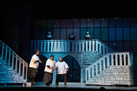 Sister Act broadway set rental ---- stained glass wall and Church --- Stagecraft Theatrical 800-499-1504