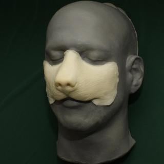 A foam latex wolf nose prosthetic placed on a platic human face cast.