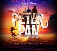 Pirate ship at dusk with Wendy and Peter. Text over the top reads Stiles & Drewe's Peter Pan A Musical Adventure.