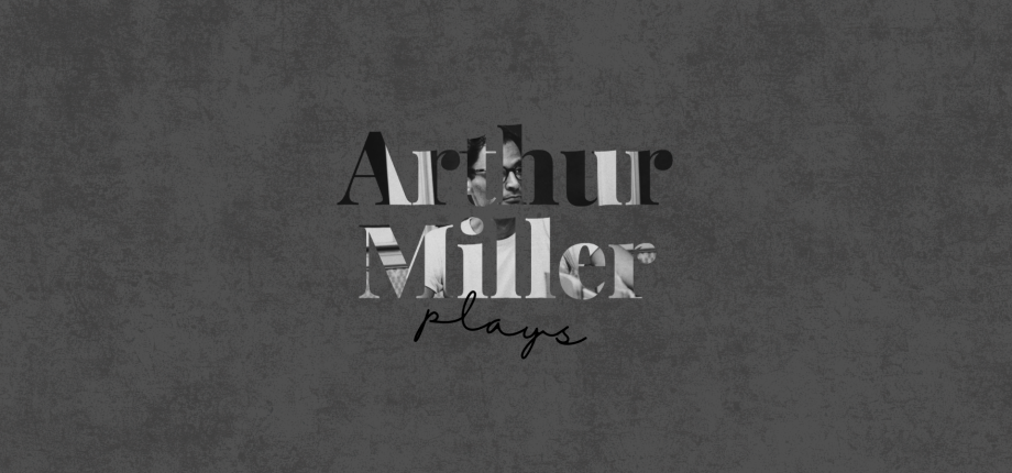 Black and white image of Arthur Miller inside the text of his name