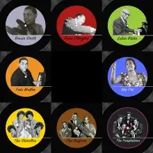 Vinyl records displaying photos of Black artists