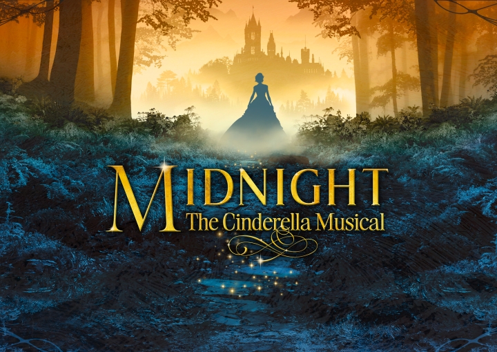 Midnight musical logo over a background of dark foliage and a silhouette of Cinderella and Castle 