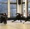A group of dancers wearing black hats and black outfits performing a move.